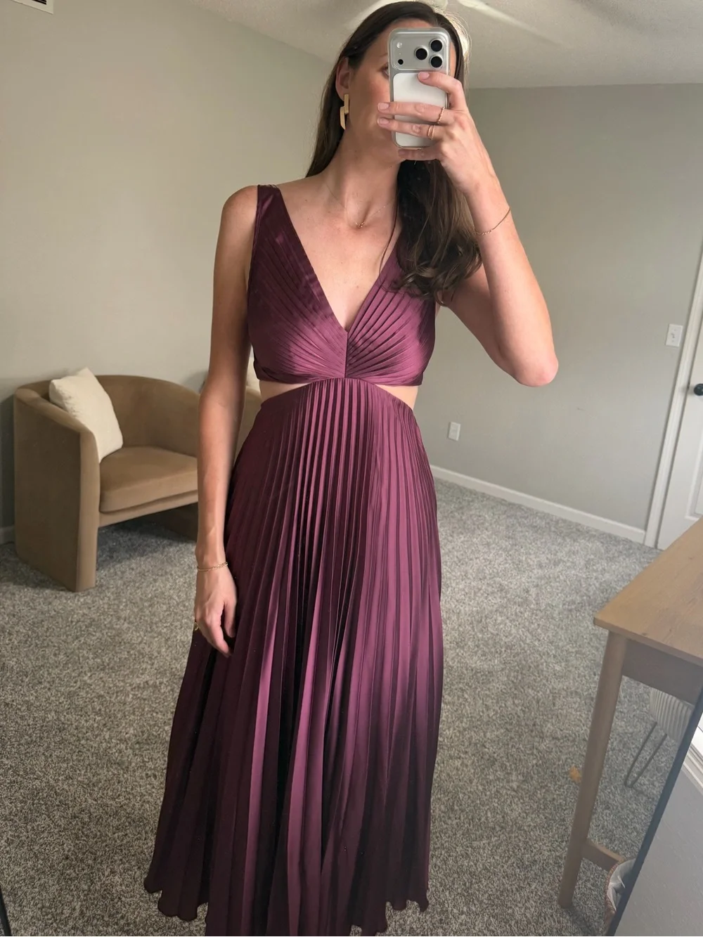 Abercrombie & Fitch Burgundy V-Neck Pleated Maxi Dress